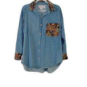 Vintage Rochelle Forest Womens Button Up Shirt Denim Tapestry OS